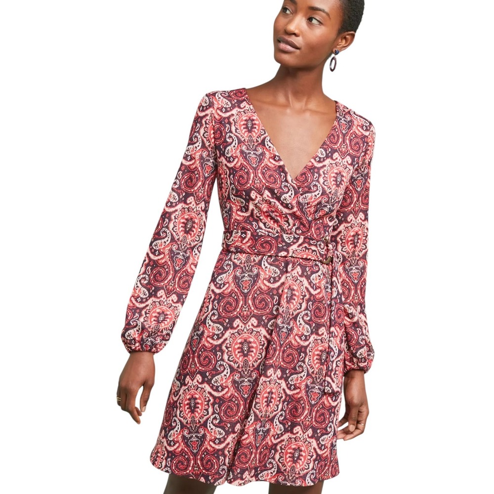Maeve Anthropologie Paisley Belted Fit Flare‎ Dress Pockets Small Boho Indie 70s